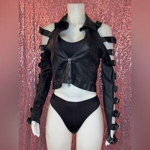 Womens Faux Leather Black buckle sleeve thin jacket - Medium